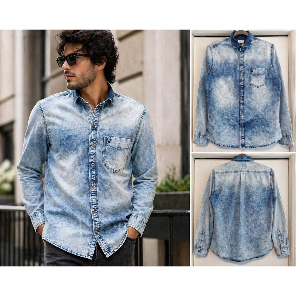 Solly Jeans Denim Long Sleeve Shirt Mens 40/Med Blue Acid Wash Western Casual